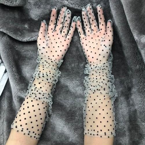 1 Pair Women Tulle Gloves Dot Lace Mesh Mittens Long Sleeves Ultra Thin Gloves Bride Wedding Full Finger Gloves White Black