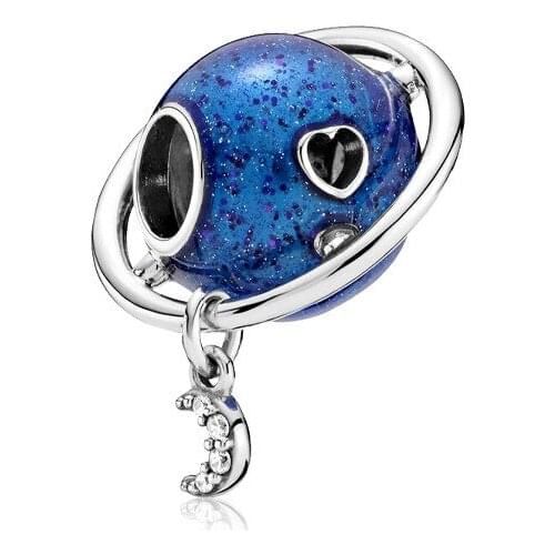 Blue Enamel Planet Pendant DIY Fit Original Pan Charms Bracelet Women Clear CZ Moon Heart Astral Beads for Jewelry Making Dangle