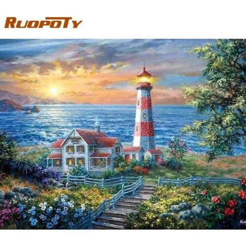 RUOPOTY 40x50cm Frame Painting By Numbers Kits For Adults Children Castle And Lighthouse Island Landscape Picture Handmade Paint