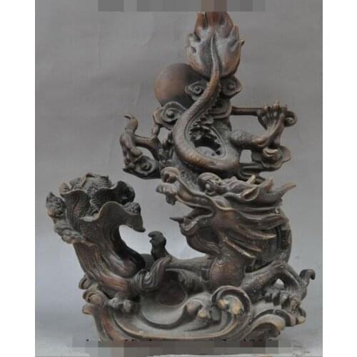 S01375 15"Old china bronze fengshui animal dragon Cabbage wealth lucky statue Sculpture