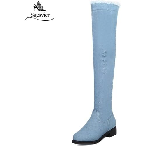 Sgesvier Size 32-48 Women Thick Heel Boots Round Toe Ladies Shoes Winter Denim Over Knee Boots Concise Fashion Woman Boots B702