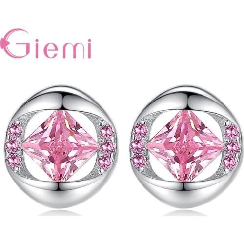 925 Silver Round Pink Crystal Stud Earrings Austrian Rhinestone Earrings Women Fashion Women Earrings Silver Jewelry Bijoux