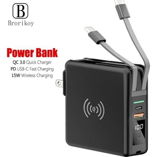 10000mAh Power Bank with USB Type-C Micro Cable QC3.0 PD Quick Charger 15W Wireless Charging for iPhone Samsung Huawei PowerBank