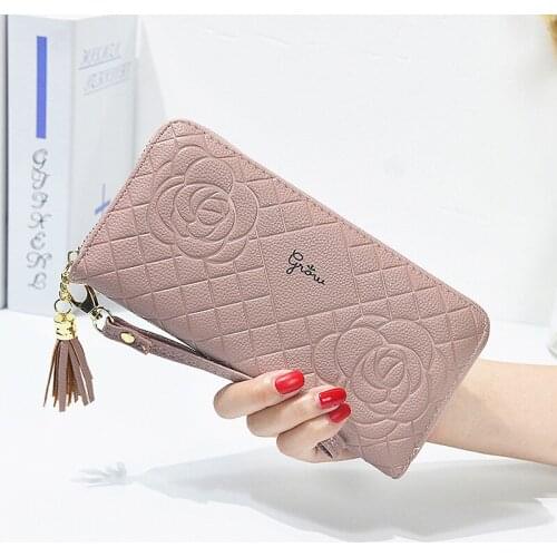 Women Zipper Tassel Leather Rose Print Wallets Female Fashion Long Letter Coin Purses Ladies New Wristband Multi-card Wallets