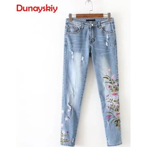 2021 Spring Summer New Boyfriend Jeans Ripped High Waist Dense Denim Floral Embroidered Jeans For Women Plus Size Pencil Pants