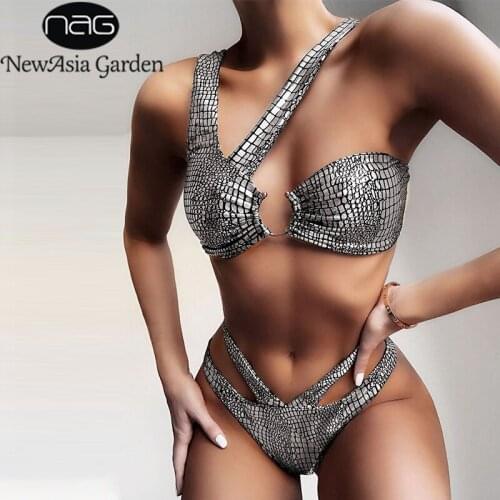 NewAsia Ring Hollow Sexy BIkini 2020 Snake Print Two Piece Swimsuit Push Up Padded Swimwear Women High Waist Monokini Biquinis