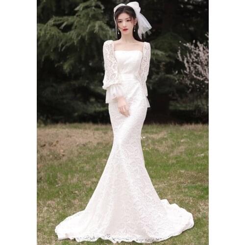 Elegant Simple Mermaid Square Neck Lace Vintage Full Long Sleeve Sweep Train Wedding Gown Wedding Dress Bride robe de mariée