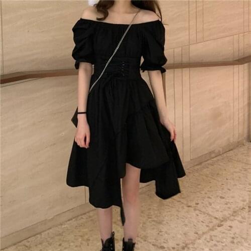 Summer Design Sense Office Lady Casual Square Collar Irregular Puff Sleeve Lace-Up Sliming Tight Solid Color High Waist Dress