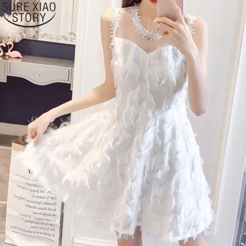 Sexy Spaghetti Strap Dress 2021 Women Summer Dresses Feather Tassel Embroidery Lace Dress A-line Zipper Party Mini Dresses 13718