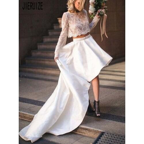JIERUIZE Simple Lace Two Pieces Wedding Dresses Scoop Neck Long Sleeve High Low Boho Wedding Gowns Button Back Vestido de novia