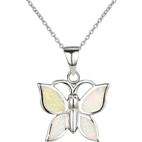 100% 925 Sterling Silver Butterfly Pendant Necklaces For Women Cute Animal Jewelry Vintage Fashion White Fire Opal Necklace Gift