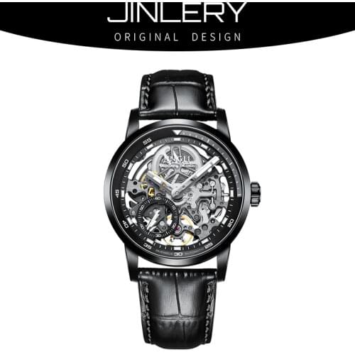 JINLERY Tourbillon Watch Mens Automatic Mechanical Watch Hollow Waterproof Leather Watches Men 2021 New Clock часы мужские