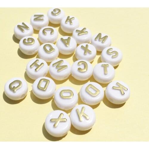 Free Shipping 1600PCs/Lot DIY Jewelry Acrylic letter Beads 6*10MM Flat Coin Round Shape White with Gold Initial Alphabet Beads