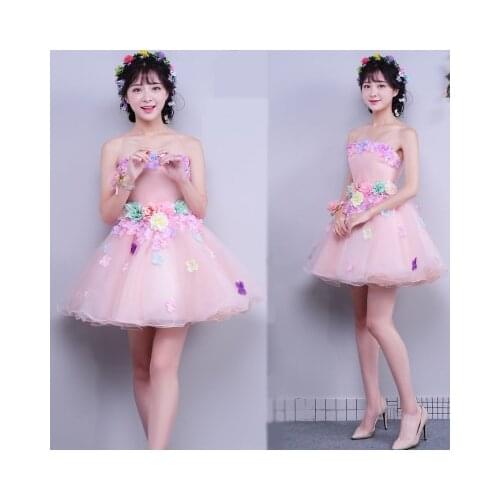 Free ship pink flowers petals off shoulder tutu lovely short lolita dress/stage performance/studio/can customs size