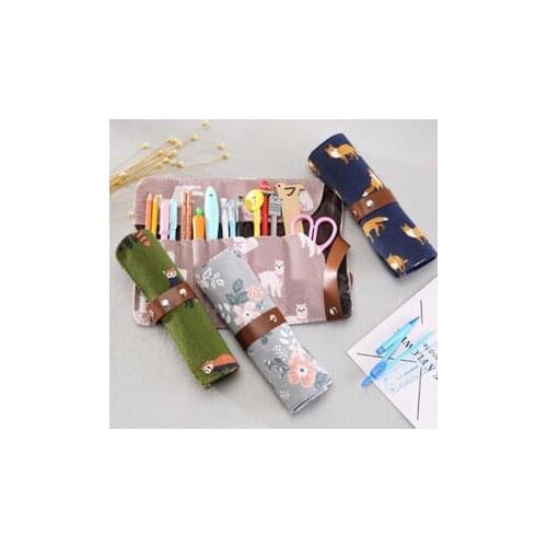1Pcs Cartoon Animals Pencil Case School Canvas Roll Pouch Makeup Brush Pen Storage Pencil Box For Kids Gifts Painting Supplie