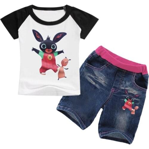 Splicing New Summer Boy Clothes Cartoon Rabbit Bing Print Kid Girl Children Cotton Top Tee Short Sleeve T Shirt+Jeans 2Pcs Set