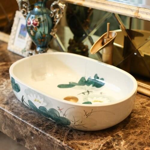 Artistic Procelain Europe Vintage Style Art wash basin Ceramic Counter Top vessel sinks oval ceramic Wash Basin Bathroom Sinks