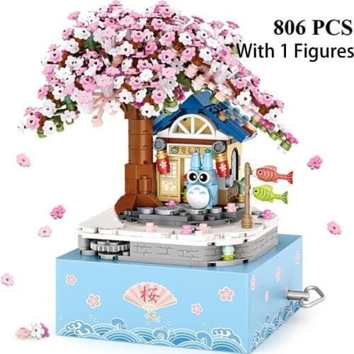 Japanese Style Sakura Music Box Model Building Blocks Kit with Figures Micro Bricks Set Toys for Children Girls Birthday Gifts