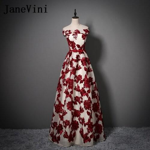 JaneVini Burgundy Lace Long Bridesmaid Dresses 2020 Sexy Off Shoulder Women Tulle Party Dress for Wedding Guest Formal Prom Gown