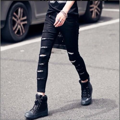 New Gd Right Zhi-long Mens Summer Casual Trousers Nightclub Personality Tide Hole Pants Destroyed Slim Straight Singer Costumes