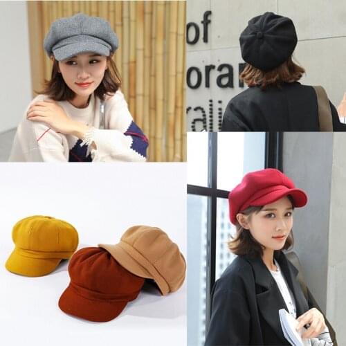 Women Fashion Wild Casual Solid Color Felt Octagonal Hat Autumn/ Winter Thickened Keep Warm Beret Retro Painter Hat Newsboy Caps