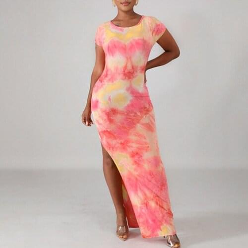 NORMOV Sexy Women Dress Tie Dye O Neck Short Sleeve Split Long Dress Fashion Print Bodycon Club Feminina Ankle Length Dressve