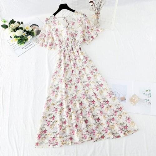 Elegant Summer Dress Women V-neck High Waist Floral Print Chiffon Long Dress 2021 Short Sleeve A-line Vintage Vestidos femme