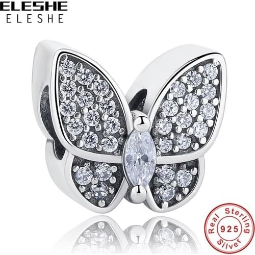 Christmas Gift 100% 925 Sterling Silver Charms Fit Original Bracelet Pave CZ Crystal Butterfly Beads for Jewelry Making