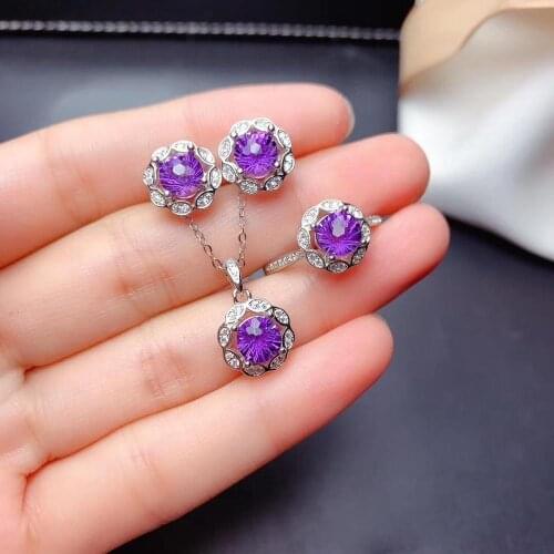 The best gift for Anniversary Amethyst jewelry set Natural Real Amethyst 925 sterling silver 1pc pendant,1pc ring,2pcs Earring