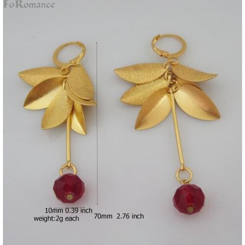 ORDER 10$ SHIP WITH TRACKING YELLOW GOLD GP FILLED BRASS DANGLE TALL 70MM 2.76INCH LEAF PARTS WITH RED STONE DANGLER EARRING