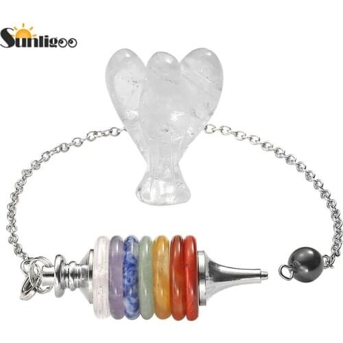 Sunligoo 7 Chakra Healing Crystals Dowsing Pointed Pendulum Guardian Pocket Angel Figurine Kit Therapy Gemstones Set for Reiki