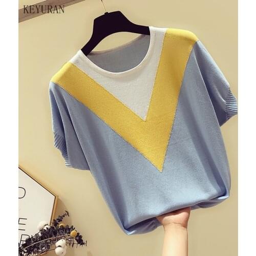 Knitted Thin Women T-Shirts 2021 Summer New O-Neck Short-Sleeved Slim Casual All Match Lady Elegant Pulls Tops Tees