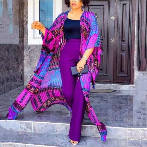 African 3 Pieces Sets Womens Outfits Outwears & Pants Purple Fashion Elegant Office Formal Ladies Matching Sets Cloth Wholesale