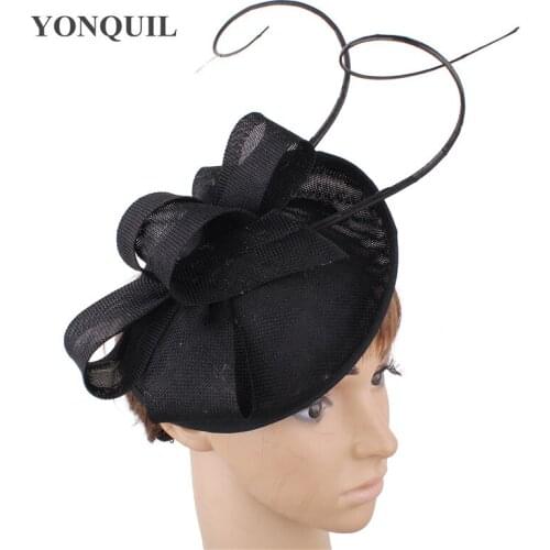 Black Fascinator with Ostrich Pole Imitation Sinamay Fascinators Bridal Hair Accessories Occasion Hats High Quality 15 Colors