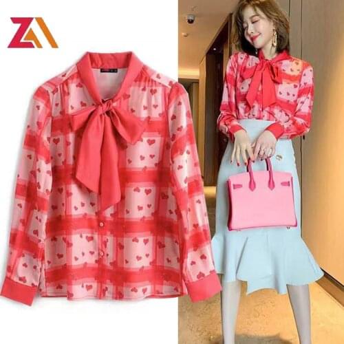 ZALady summer autumn shirts for women fashion crop love Plaid long sleeve office work OL woman blouses tops red clothes chemises