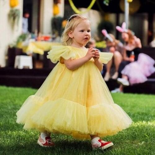 Yellow Baby Girls Dresses Tiers Tulle Tea Length Little Princess Dresses Beautiful Child Pageant Gown