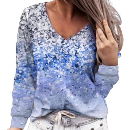 Pullover Women T-Shirt Streetwear V Neck Floral Print Loose Long Sleeve T-Shirt Top for Dating Top Women 2021 Casual Clothes