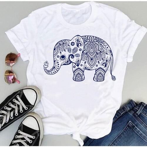 Women Cartoon Floral Elephant Lovely Cute Fashion Print Sweet Summer Short Sleeve Lovely Clothes Tops Tees Tshirt T-Shirt