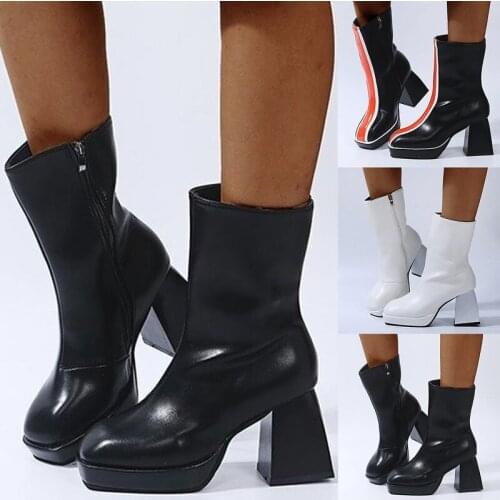 Womens Boots Plus Size PU Leather Autumn Winter Fashion Platform Squared Heels Squared Toe Zip Up Solid Boots Shoes Botas Mujer