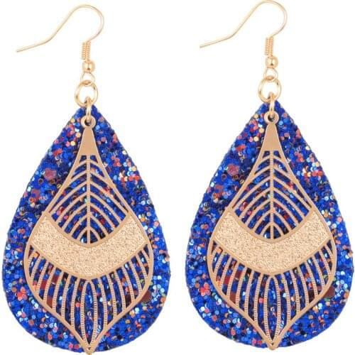 MINHIN New Fashion Glitter Teardrop Leather Earrings for Women Leaves Pendant Large Earrings Statement Jewelry Brinco