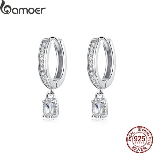 BAMOER Hoop Earrings With Charm Solid Sterling Silver 925 High Quality CZ Wedding Jewelry Engagement Statement Brincos BSE157