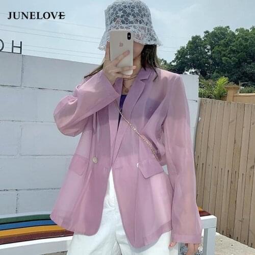 JuneLove Women New Ins Korean Style Thin Perspective Sun Protection Oversize Long Sleeve Outerwear Stylish Jacket Popular Blazer