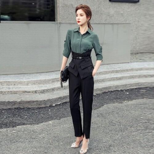 New arrival fashion sets for women summer elegant slim patchwork shirt and black pants OL temperament work style two piece sets