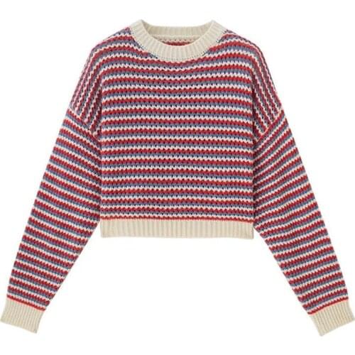 2021 Stripe Round Neck Knitted Sweater Women Casual Pullover Sweater Female Autumn Winter Retro Jumpers Top Clothing 3 Colors