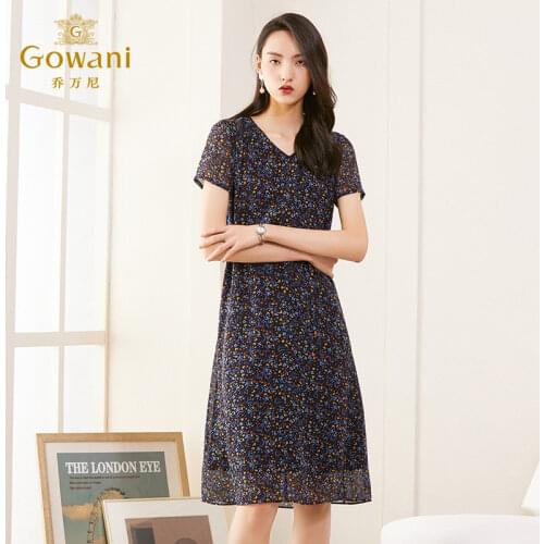 Gowani 100% silk printed V-neck short sheer-sleeve waisted A-line dress