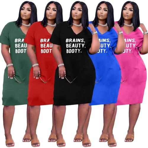 2021 New Womens Sexy Loose Letter Printing V-neck Fashion Casual Plus Size Dress With Pockets