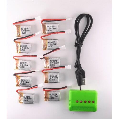 10Pcs/Lot 3.7V 1S 150mAh and X5 1 in 5 USB Charger for JJRC H8 Mini Lipo Battery Eachine H8 RC Quadcopter Parts