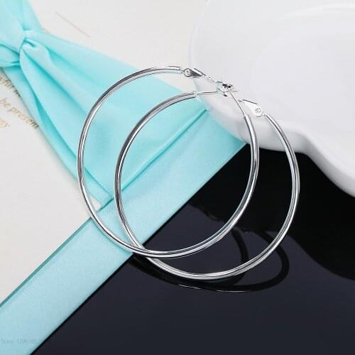 2020 Women 100% N925 Sterling Silver color Hoop Earring 40/50/60mm Round Circle Gifts Box Packing Simple Silver Hoop Earrings