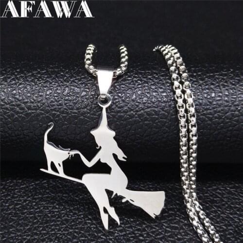 2021 Witch Broom Cat Stainless Steel Necklace Women Witchcraft Silver Color Necklaces & Pendants Jewelry colgantes N1050S02