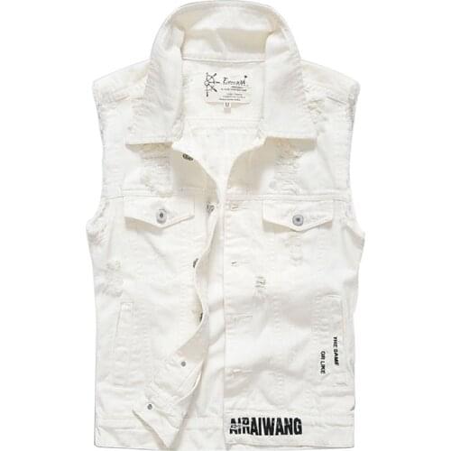 New Mens White Denim Vest Male Coat 4XL 5XL Vintage Hole Steetwear Casual Sleeveless Jacket Men Waistcoat Brand Clothing AF1002